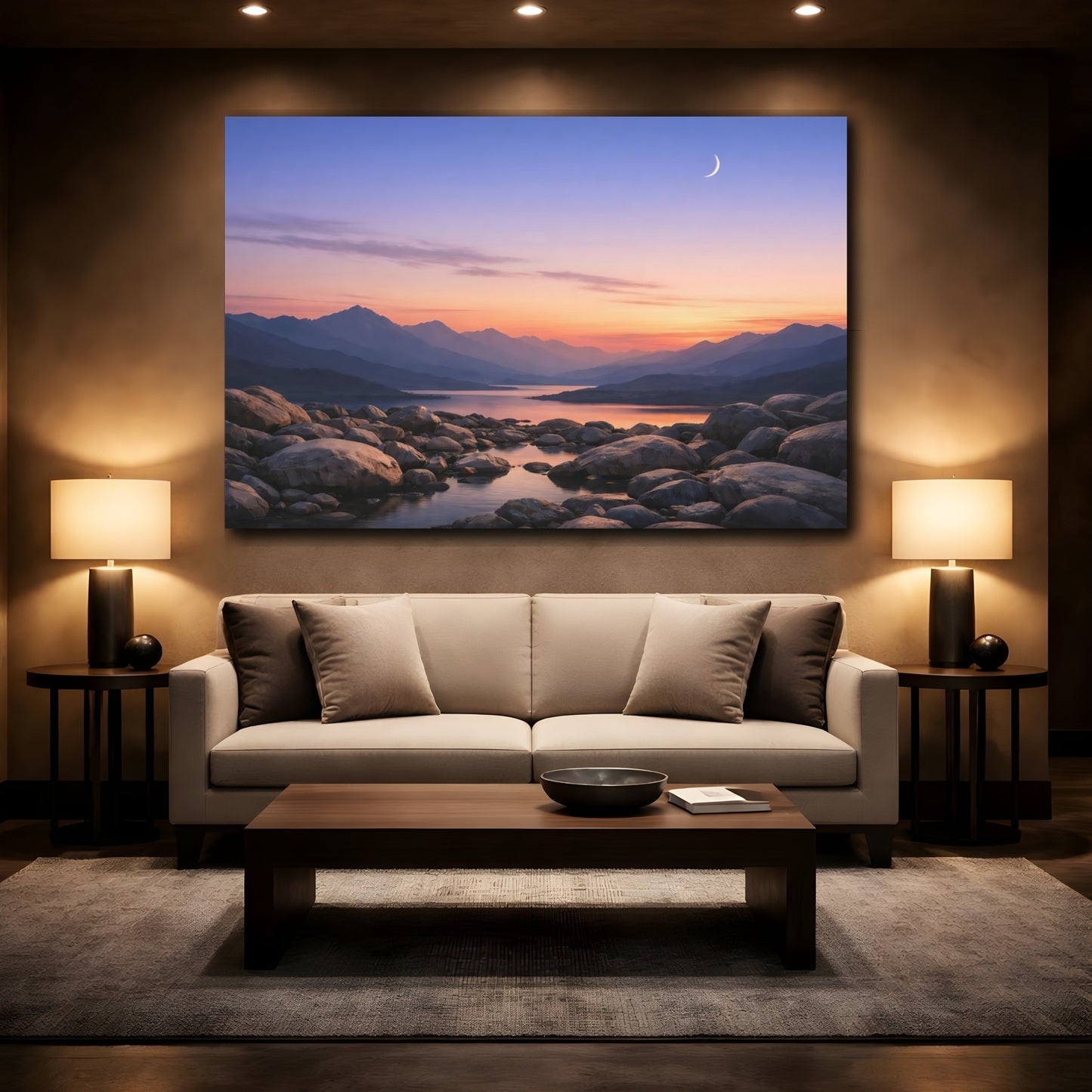 Mockup 2. Nature Mountain Lake Pastel Mountain Lake shown as stretched canvas wall art