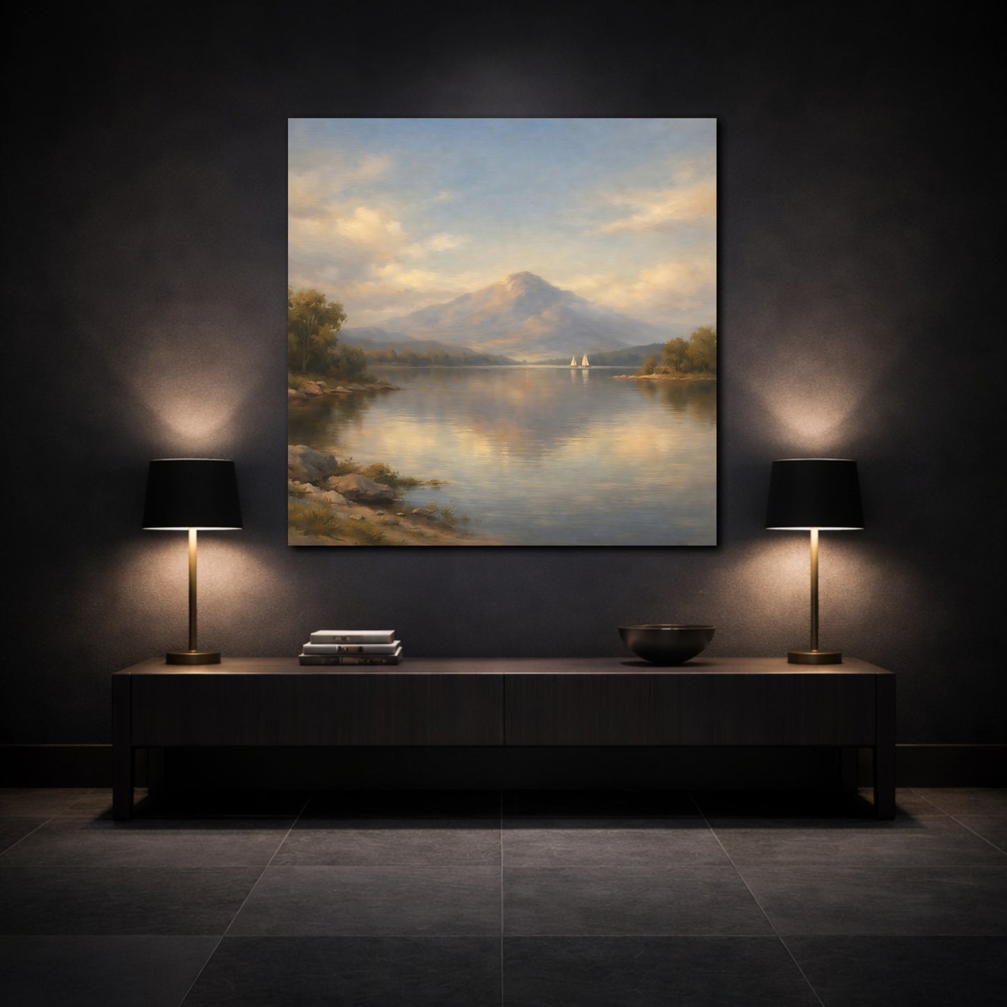 Mockup 3. Nature Mountain Lake Pastel Mountain Lake shown as stretched canvas wall art