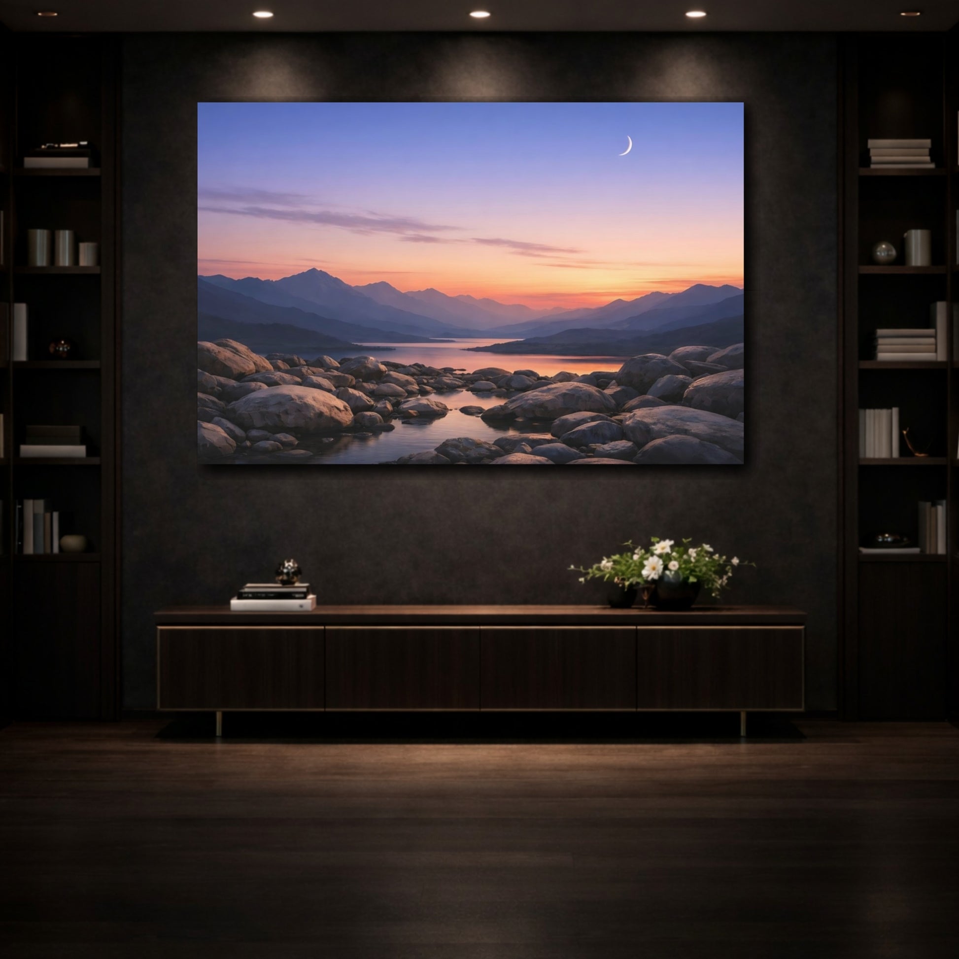 Mockup 3. Nature Mountain Lake Pastel Mountain Lake shown as stretched canvas wall art
