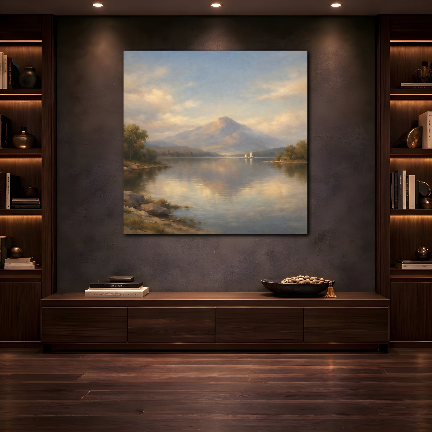 Mockup 4. Nature Mountain Lake Pastel Mountain Lake shown as stretched canvas wall art