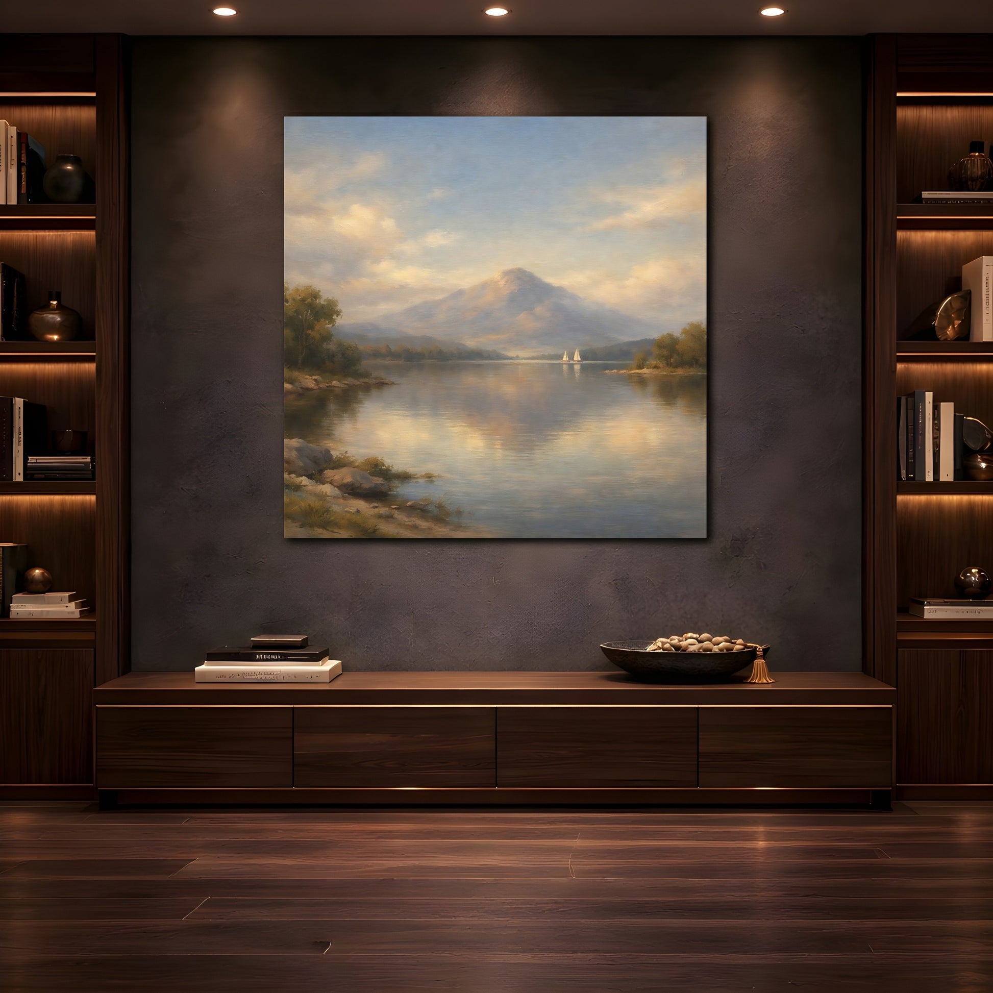 Mockup 4. Nature Mountain Lake Pastel Mountain Lake shown as stretched canvas wall art
