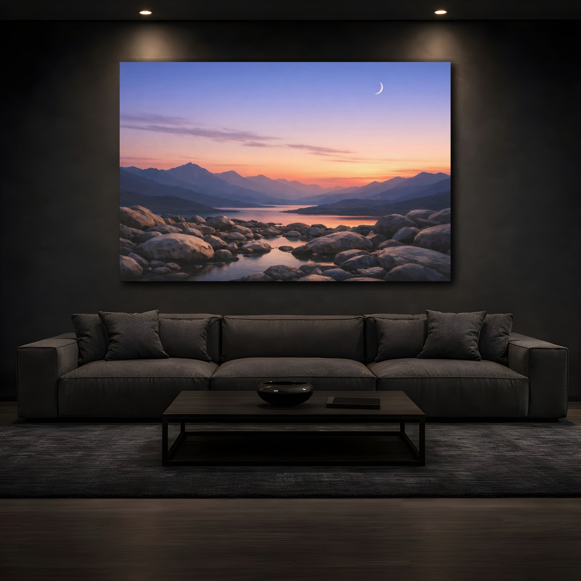 Mockup 4. Nature Mountain Lake Pastel Mountain Lake shown as stretched canvas wall art