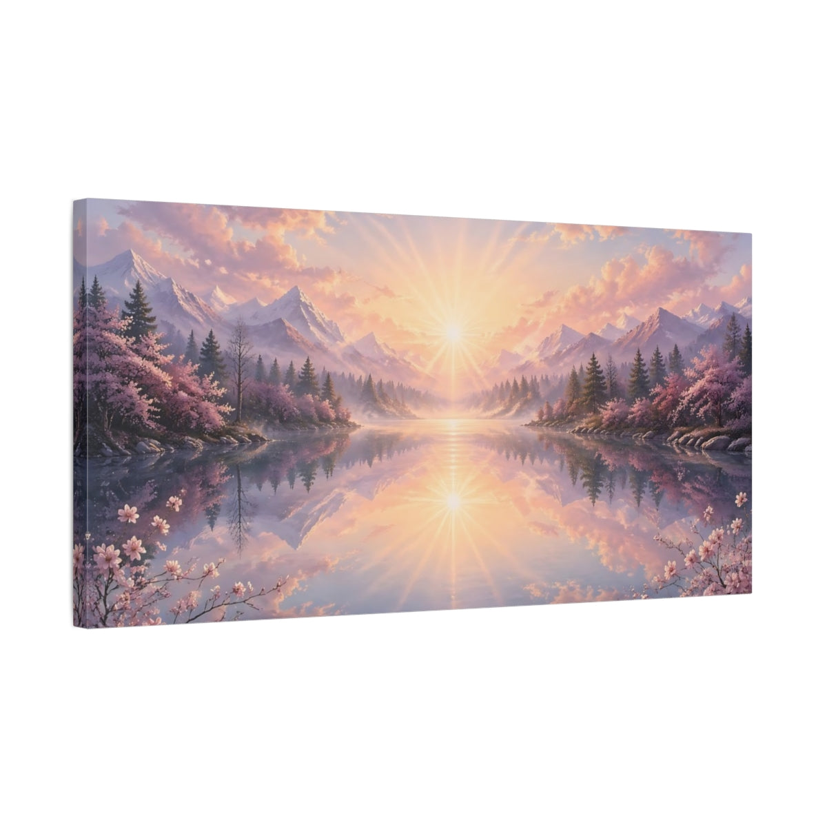 Side Mockup 1. Nature Mountain Lake Pink And Blue Landscape shown as stretched canvas wall art