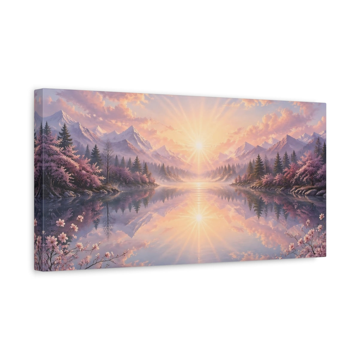 Side Mockup 3. Nature Mountain Lake Pink And Blue Landscape shown as stretched canvas wall art