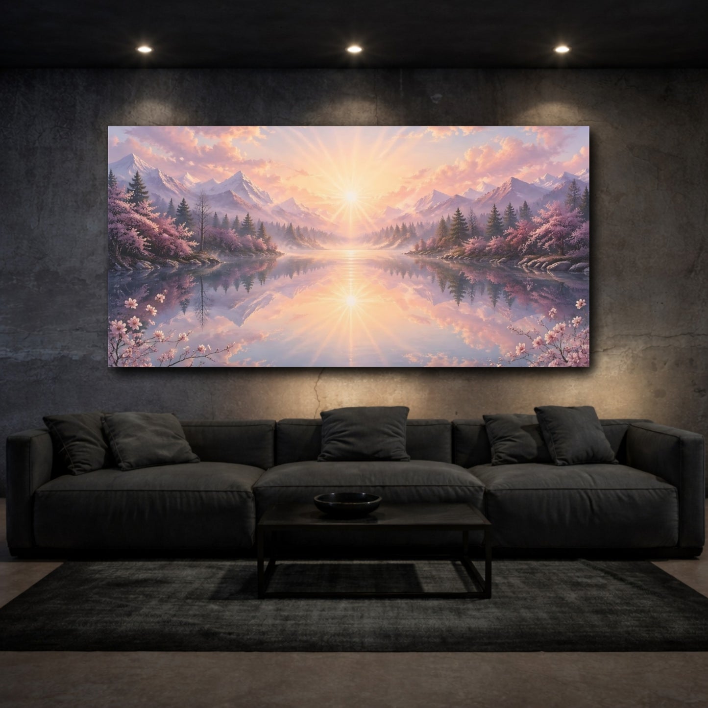 Mockup 2. Nature Mountain Lake Pink And Blue Landscape shown as stretched canvas wall art