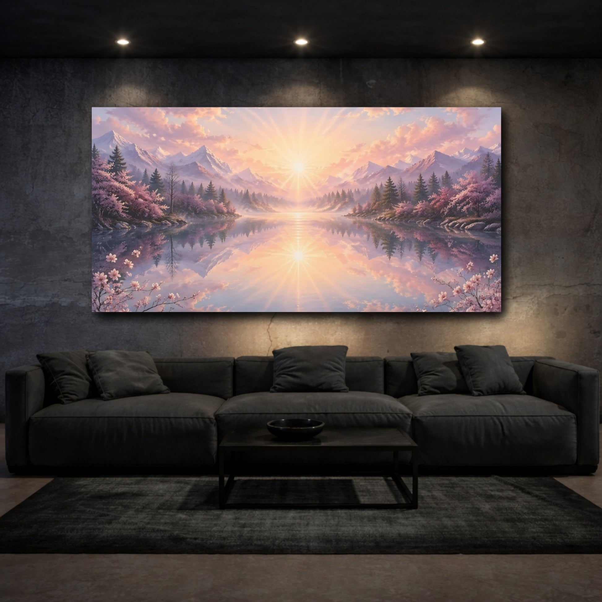 Mockup 2. Nature Mountain Lake Pink And Blue Landscape shown as stretched canvas wall art