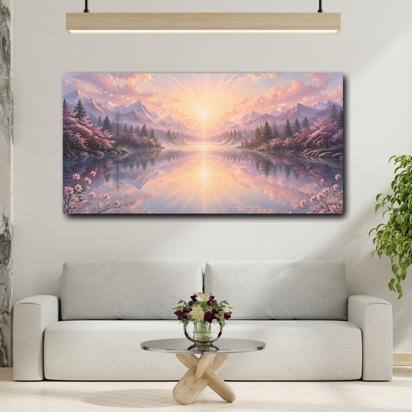 Mockup 3. Nature Mountain Lake Pink And Blue Landscape shown as stretched canvas wall art