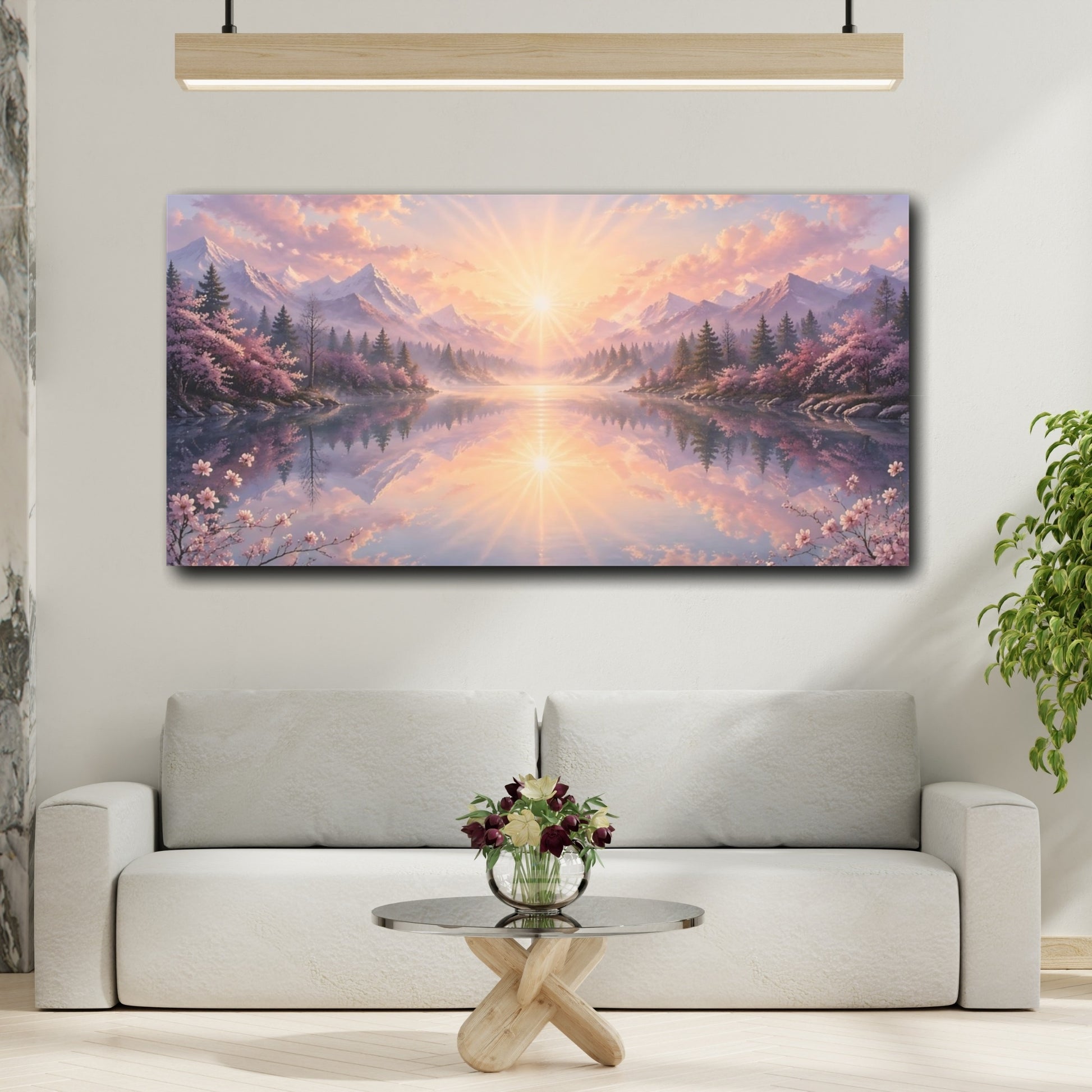 Mockup 3. Nature Mountain Lake Pink And Blue Landscape shown as stretched canvas wall art
