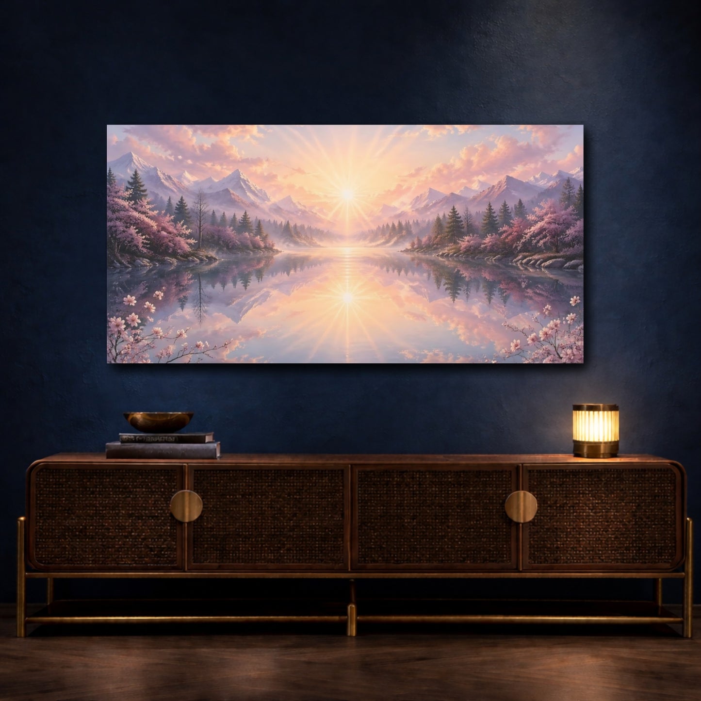 Mockup 4. Nature Mountain Lake Pink And Blue Landscape shown as stretched canvas wall art
