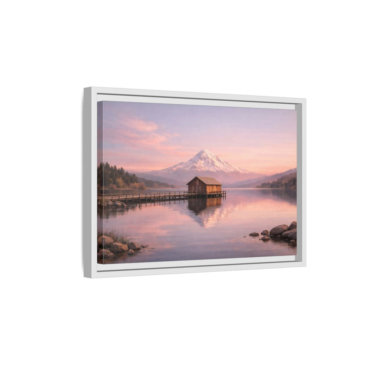 Side Mockup 4. Nature Mountain Lake Pink Sunset Landscape shown as stretched canvas wall art