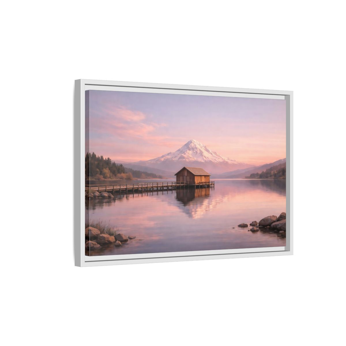 Side Mockup 1. Nature Mountain Lake Pink Sunset Landscape shown as stretched canvas wall art