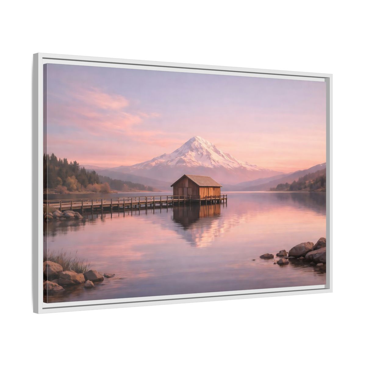 Side Mockup 8. Nature Mountain Lake Pink Sunset Landscape shown as stretched canvas wall art