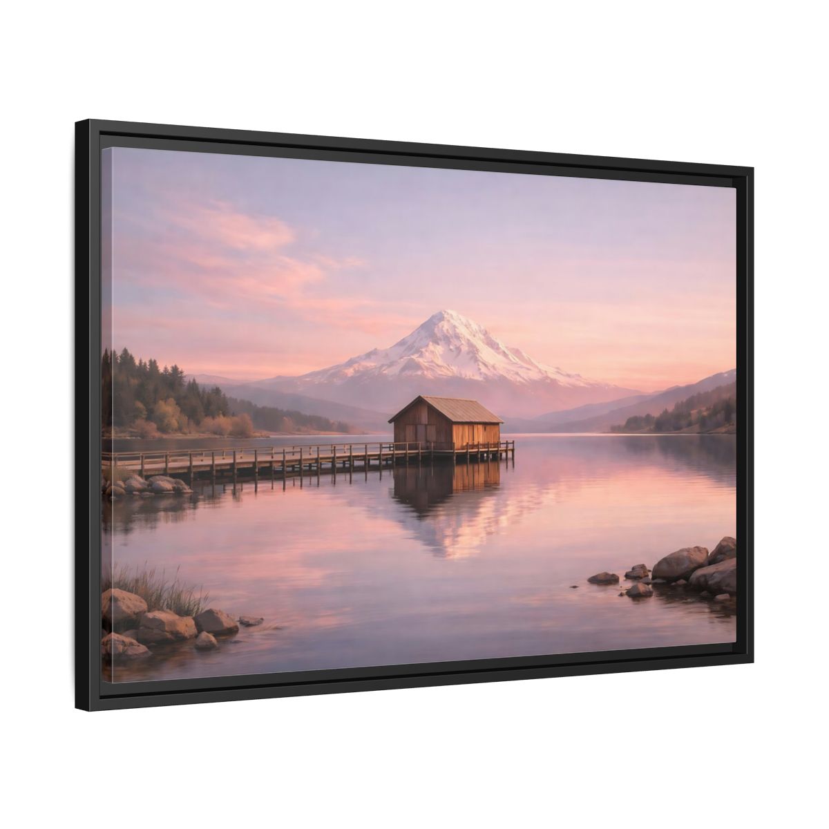 Side Mockup 14. Nature Mountain Lake Pink Sunset Landscape shown as stretched canvas wall art
