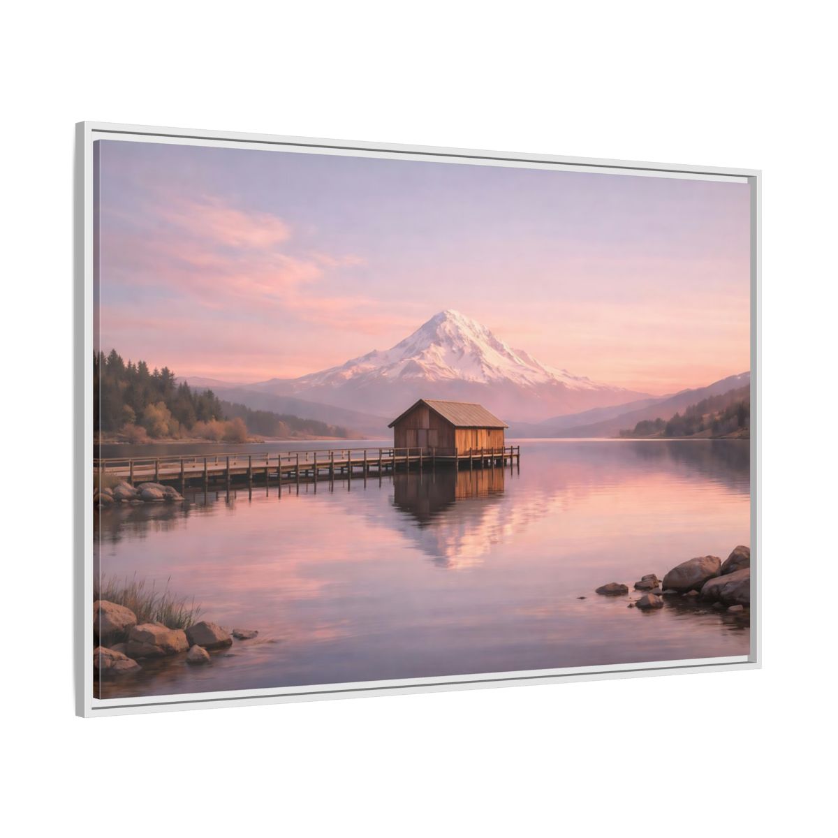 Side Mockup 7. Nature Mountain Lake Pink Sunset Landscape shown as stretched canvas wall art