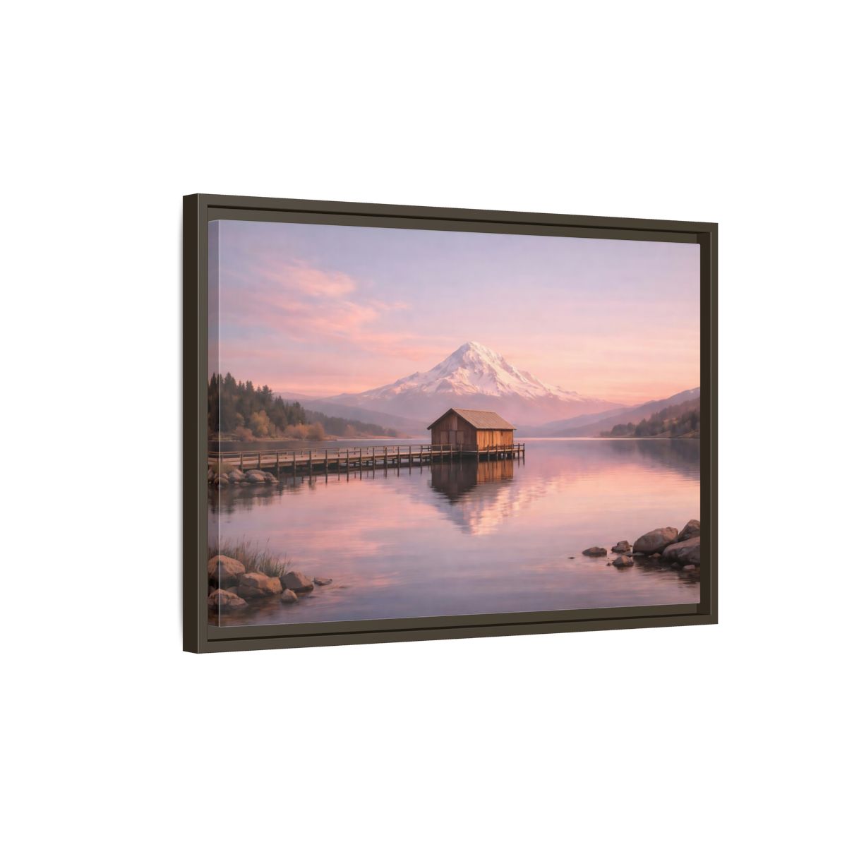 Side Mockup 2. Nature Mountain Lake Pink Sunset Landscape shown as stretched canvas wall art