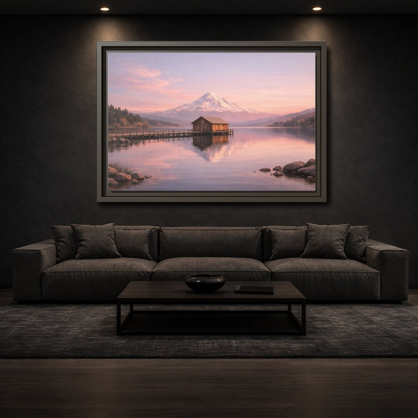 Mockup 2. Nature Mountain Lake Pink Sunset Landscape shown as stretched canvas wall art
