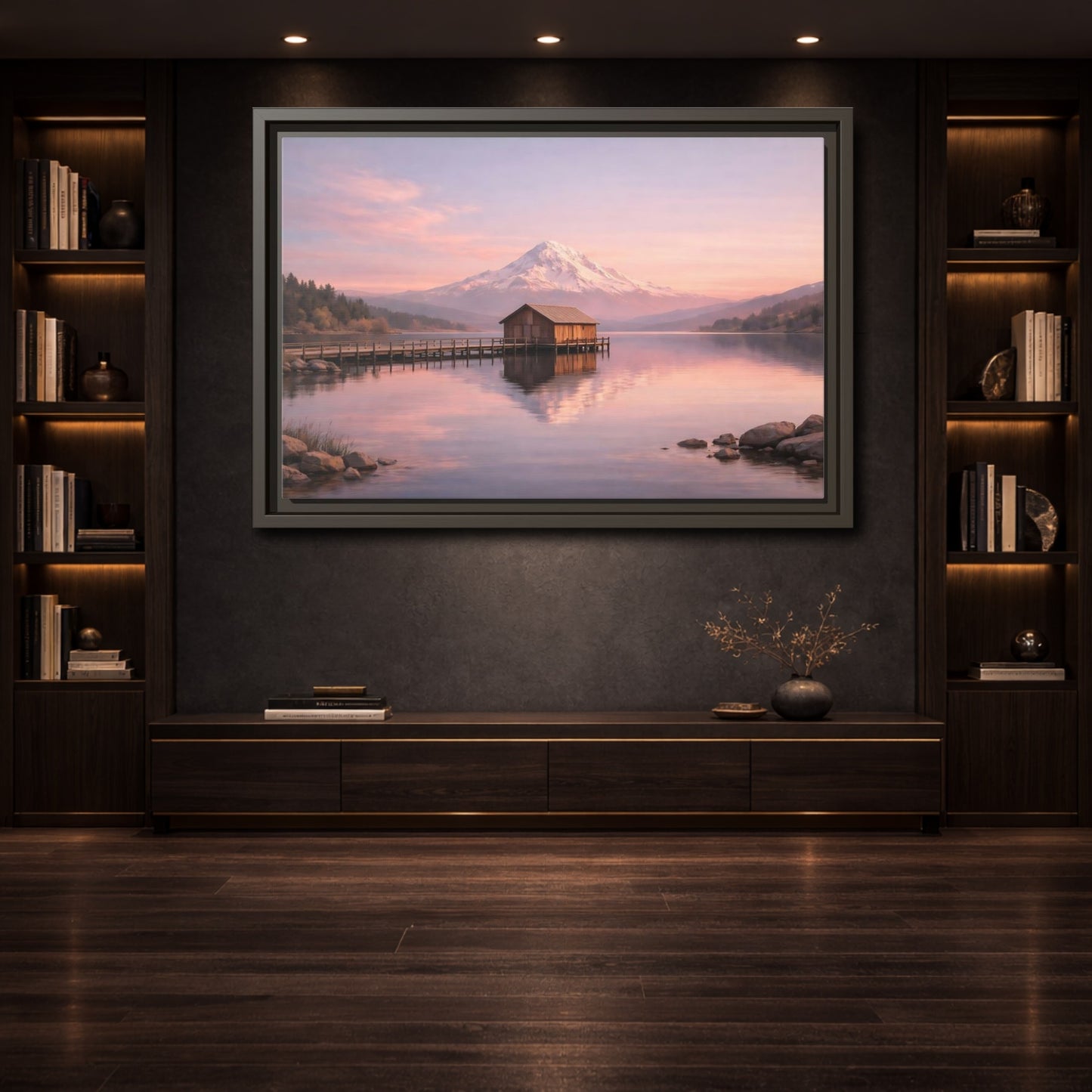 Mockup 3. Nature Mountain Lake Pink Sunset Landscape shown as stretched canvas wall art