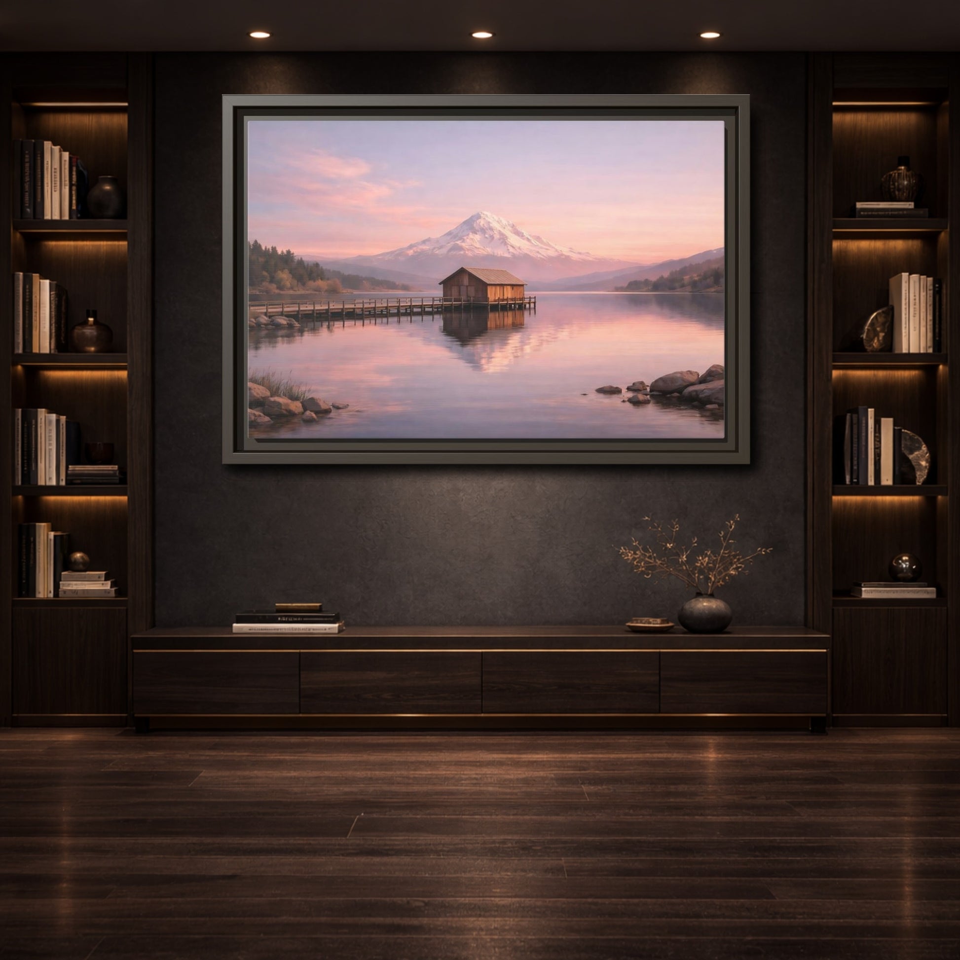 Mockup 3. Nature Mountain Lake Pink Sunset Landscape shown as stretched canvas wall art