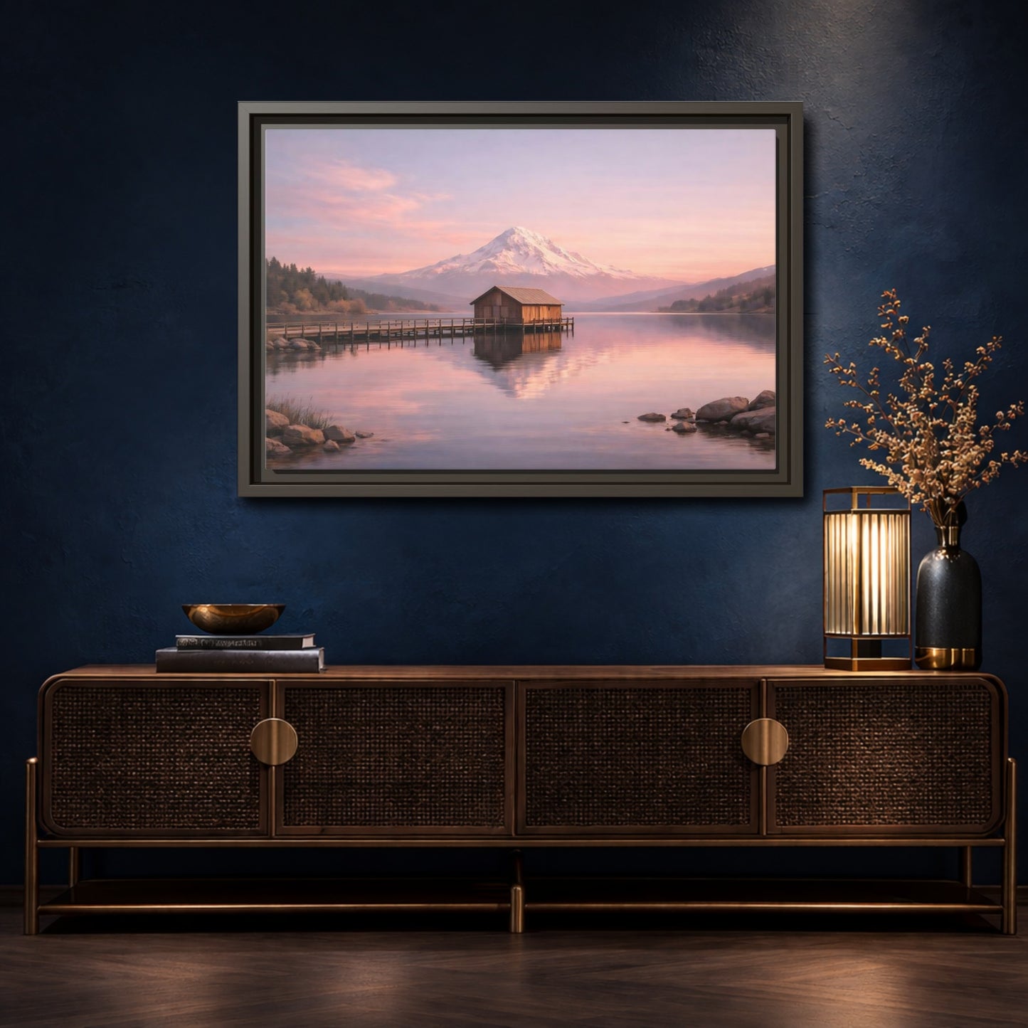 Mockup 4. Nature Mountain Lake Pink Sunset Landscape shown as stretched canvas wall art