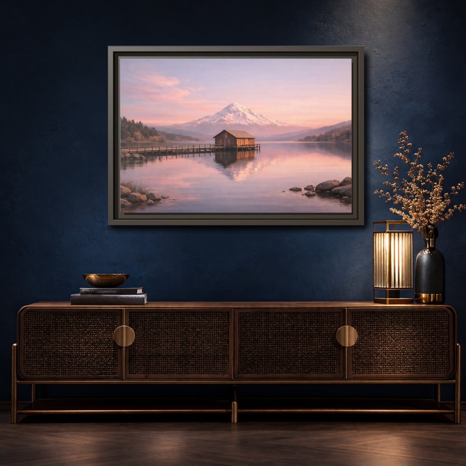 Mockup 4. Nature Mountain Lake Pink Sunset Landscape shown as stretched canvas wall art