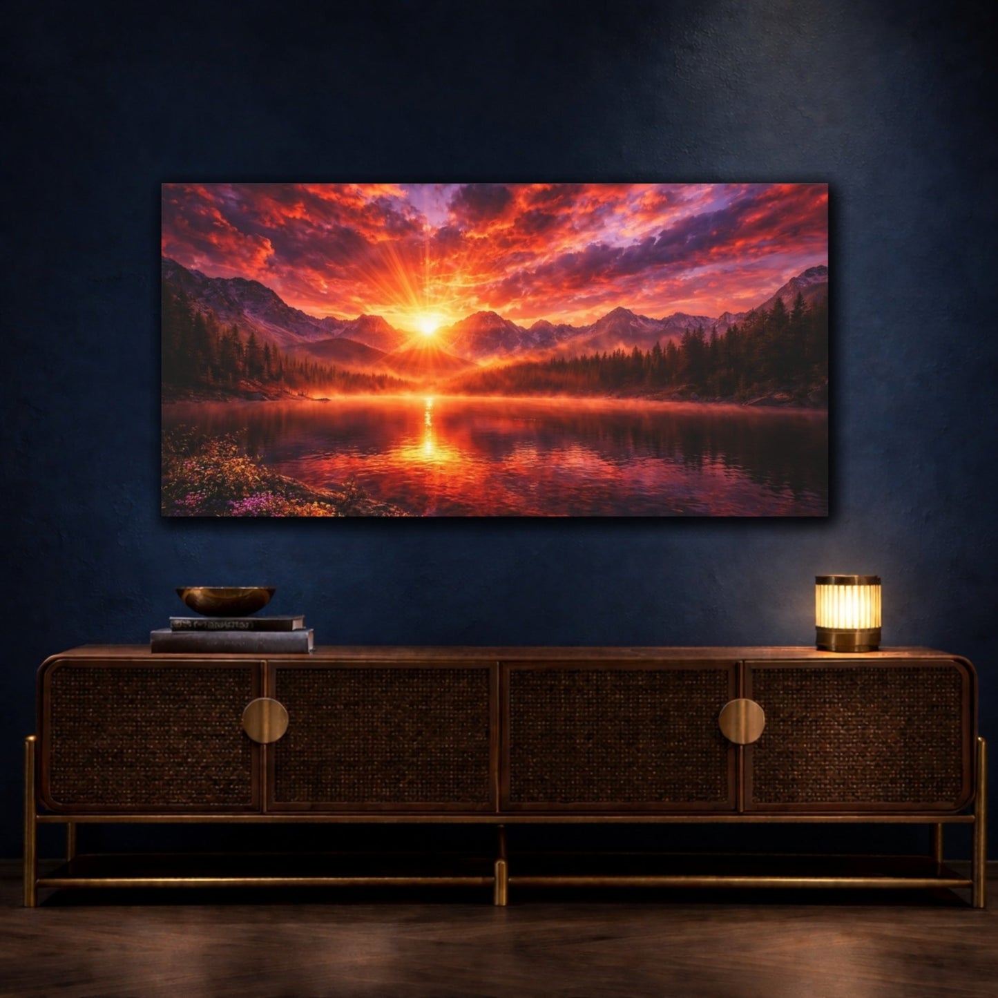 Nature Mountain Lake Red Orange Sunset - Canvas Wall Art Print - YesArtYes