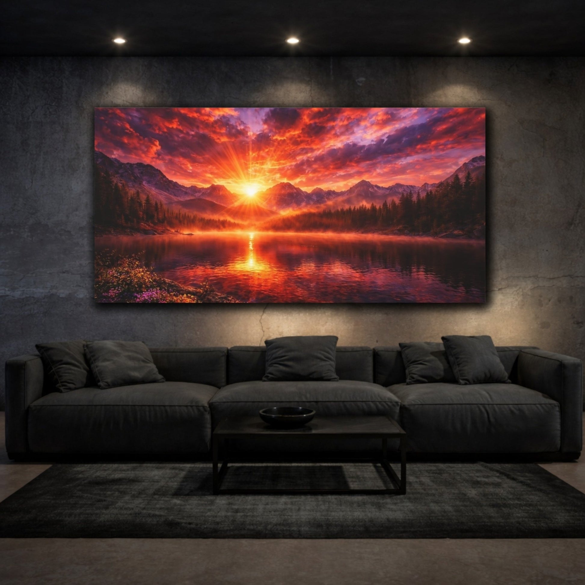 Nature Mountain Lake Red Orange Sunset - Canvas Wall Art Print - YesArtYes