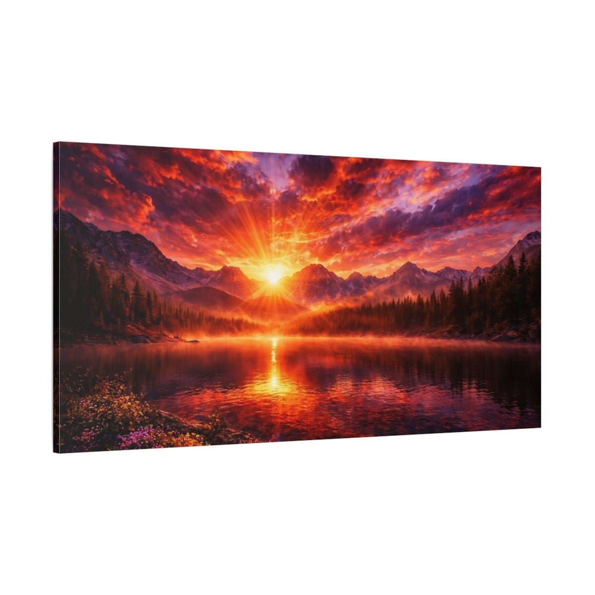 Nature Mountain Lake Red Orange Sunset - Canvas Wall Art Print - YesArtYes