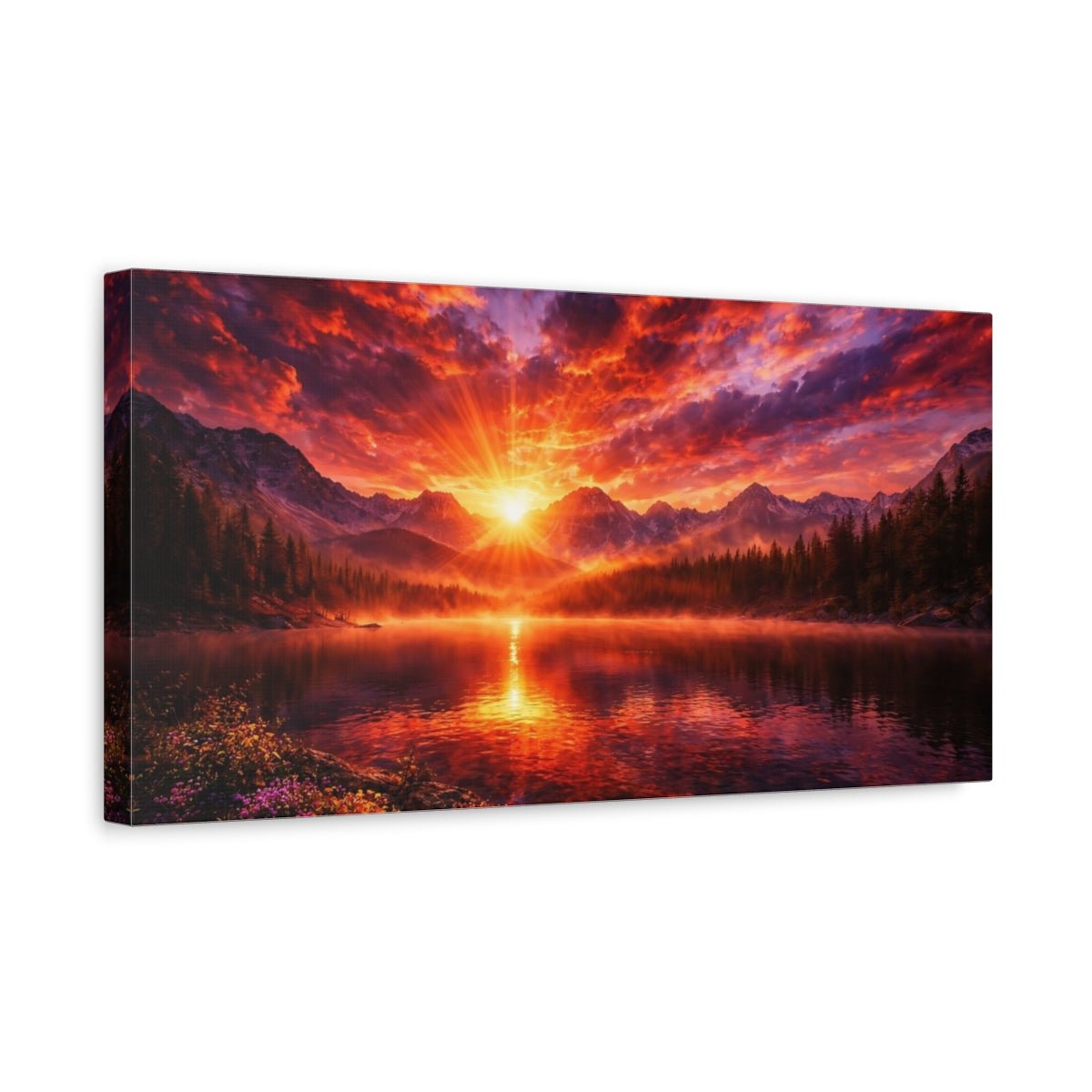 Nature Mountain Lake Red Orange Sunset - Canvas Wall Art Print - YesArtYes