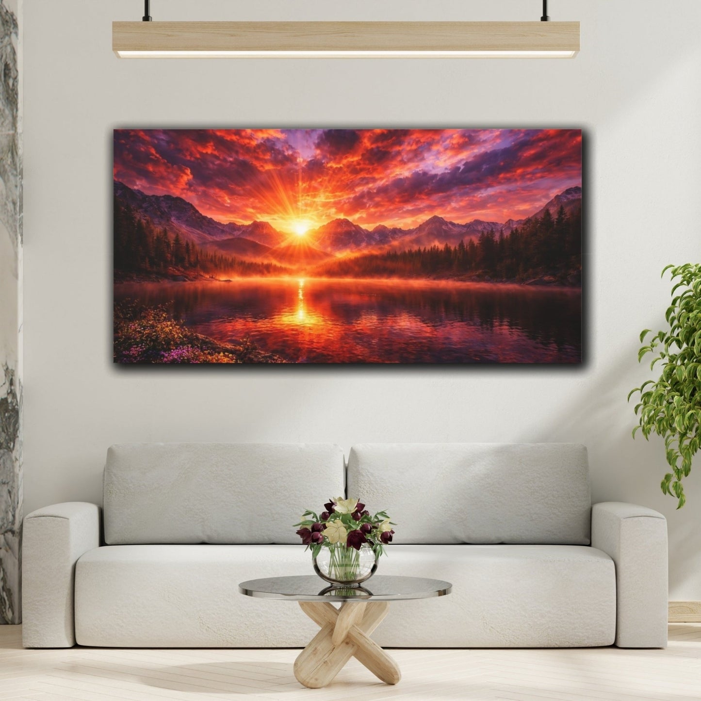 Nature Mountain Lake Red Orange Sunset - Canvas Wall Art Print - YesArtYes