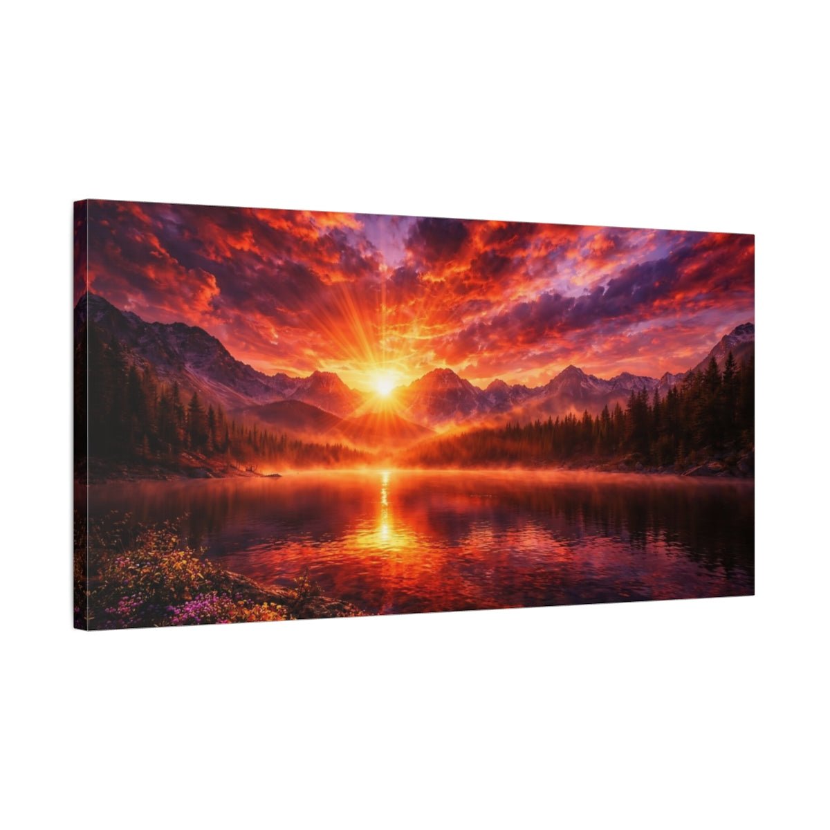 Nature Mountain Lake Red Orange Sunset - Canvas Wall Art Print - YesArtYes