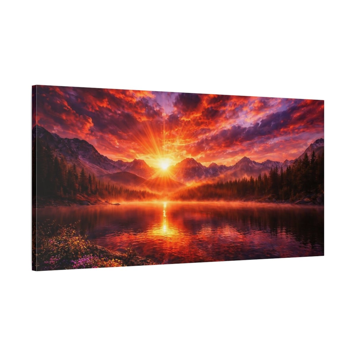 Nature Mountain Lake Red Orange Sunset - Canvas Wall Art Print - YesArtYes