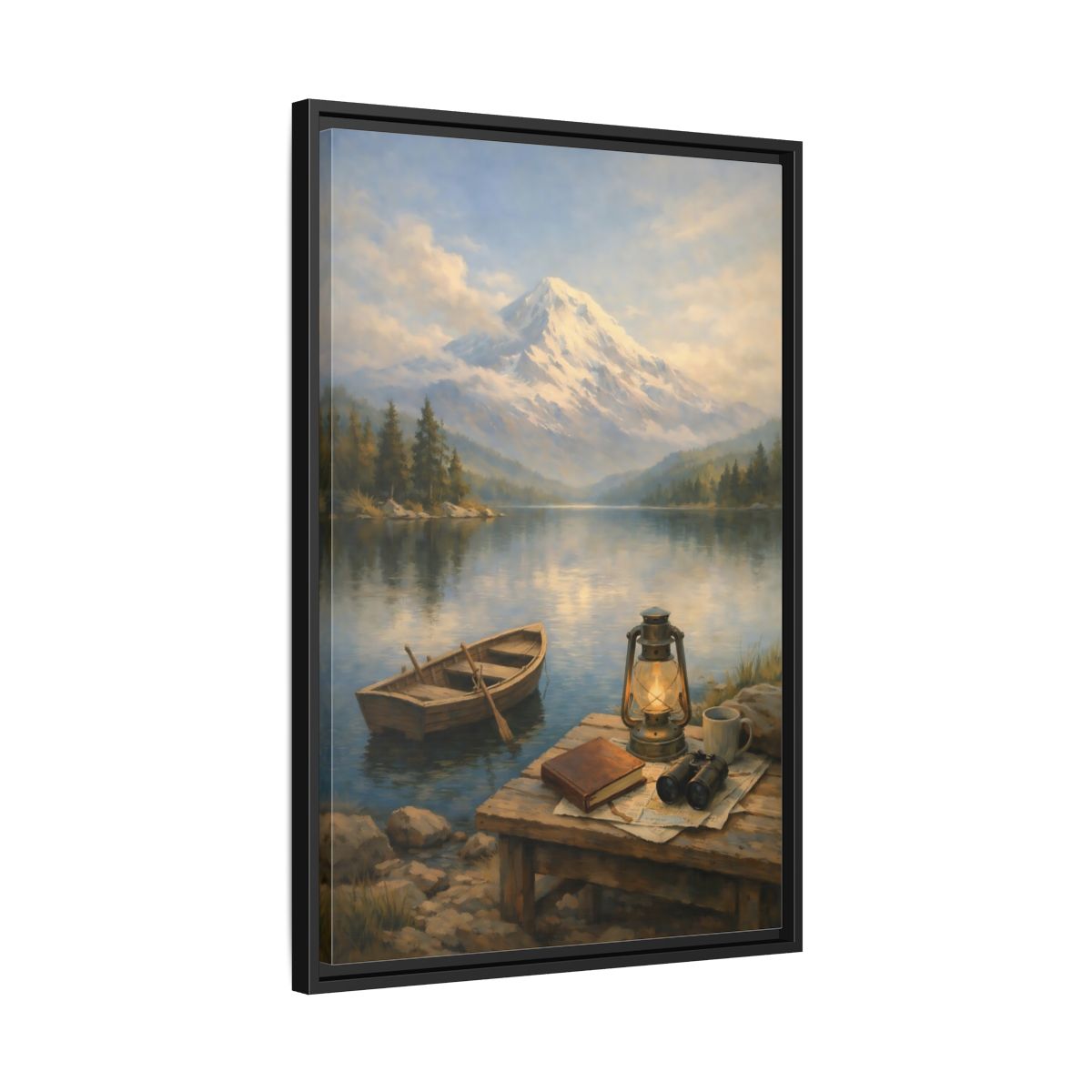 Side Mockup 14. Nature Mountain Lake Mountain Lake Scene shown as stretched canvas wall art