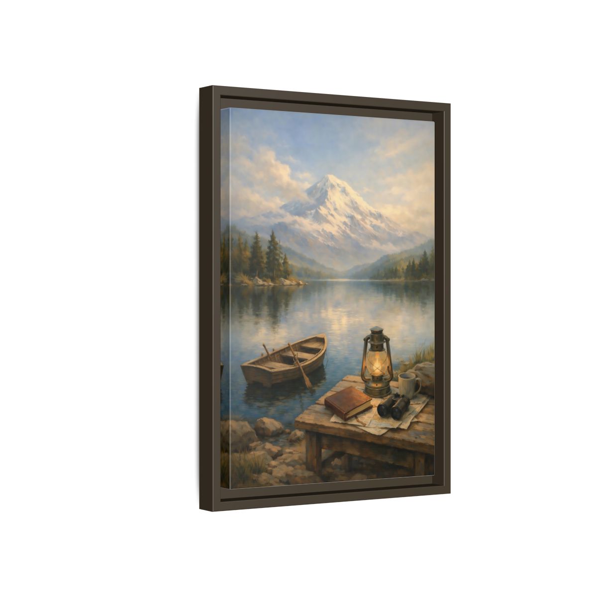 Side Mockup 5. Nature Mountain Lake Mountain Lake Scene shown as stretched canvas wall art