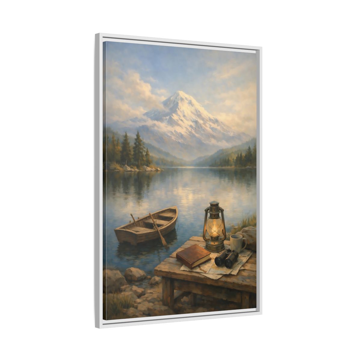 Side Mockup 9. Nature Mountain Lake Mountain Lake Scene shown as stretched canvas wall art