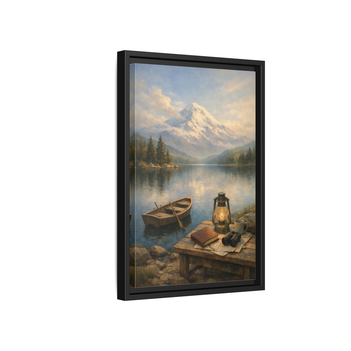 Side Mockup 6. Nature Mountain Lake Mountain Lake Scene shown as stretched canvas wall art