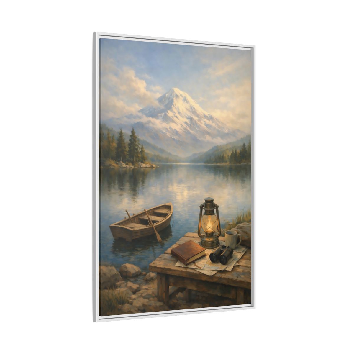 Side Mockup 7. Nature Mountain Lake Mountain Lake Scene shown as stretched canvas wall art