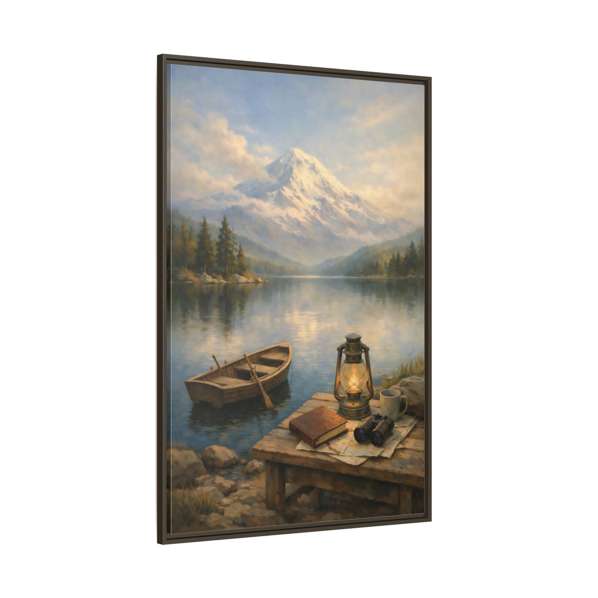 Side Mockup 8. Nature Mountain Lake Mountain Lake Scene shown as stretched canvas wall art