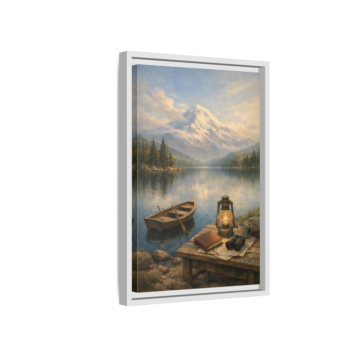 Side Mockup 4. Nature Mountain Lake Mountain Lake Scene shown as stretched canvas wall art