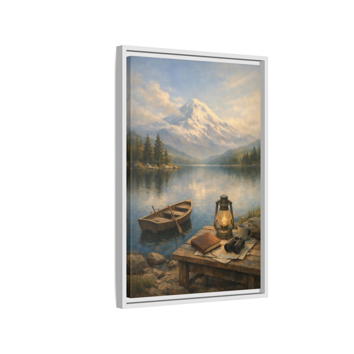 Side Mockup 1. Nature Mountain Lake Mountain Lake Scene shown as stretched canvas wall art