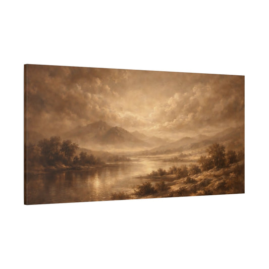 Main Mockup. Nature Mountain Lake Sepia Landscape shown as stretched canvas wall art
