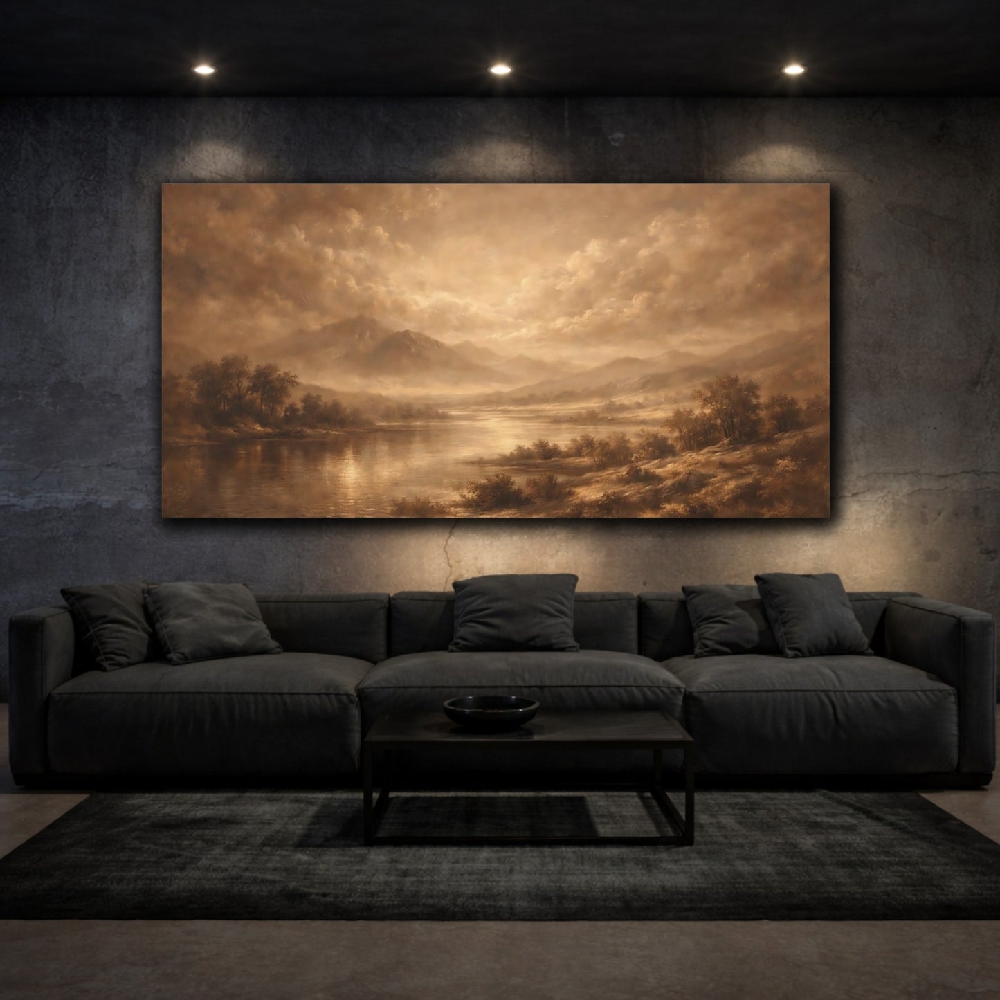 Mockup 2. Nature Mountain Lake Sepia Landscape shown as stretched canvas wall art