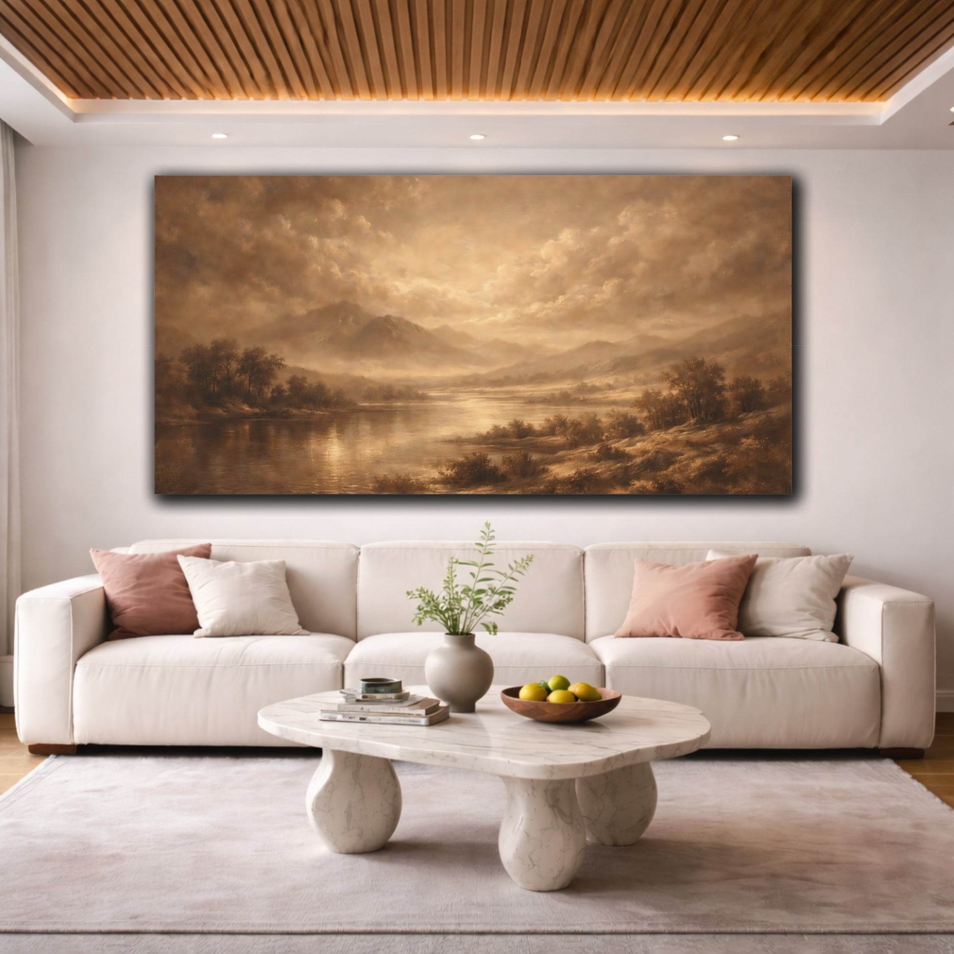Mockup 3. Nature Mountain Lake Sepia Landscape shown as stretched canvas wall art