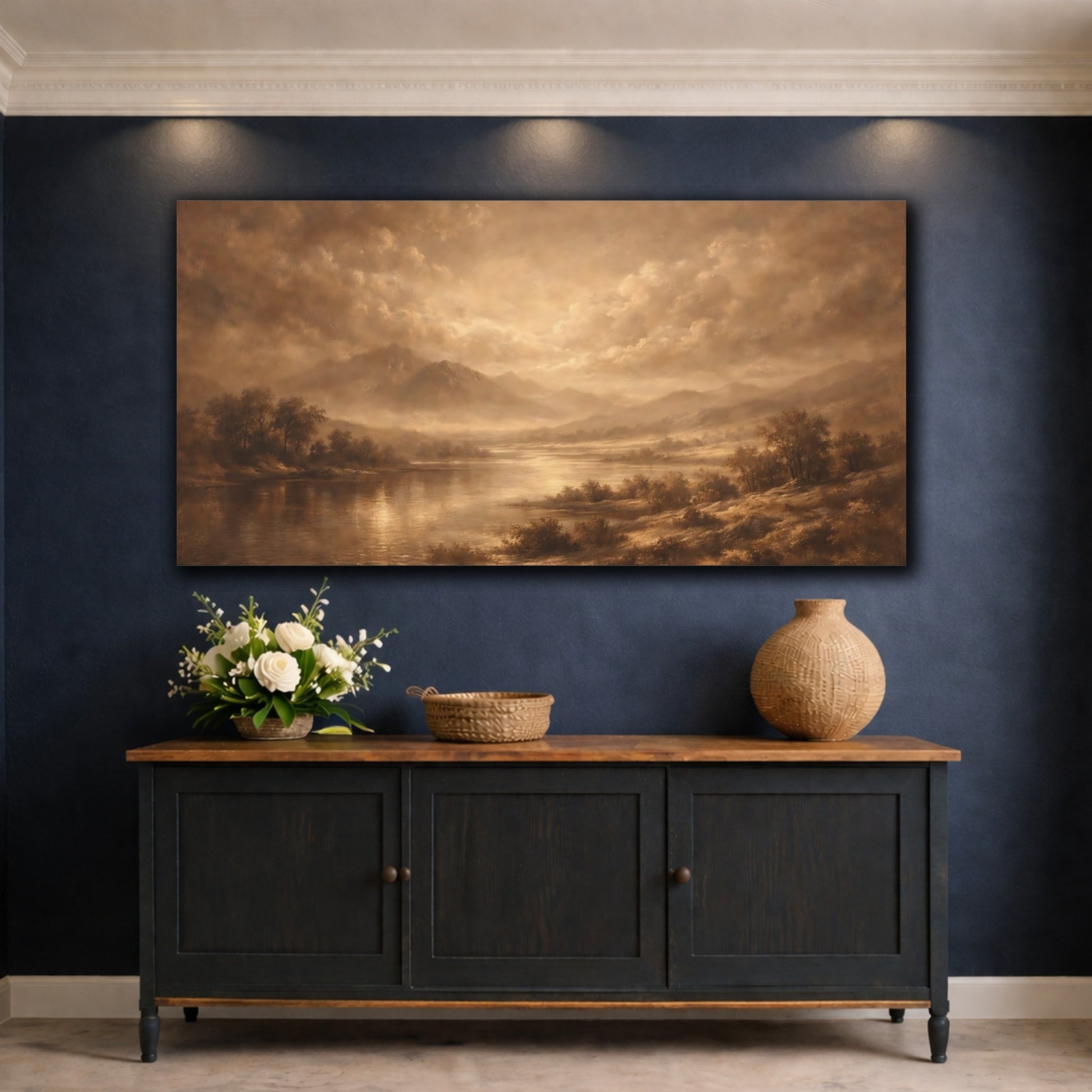 Mockup 4. Nature Mountain Lake Sepia Landscape shown as stretched canvas wall art