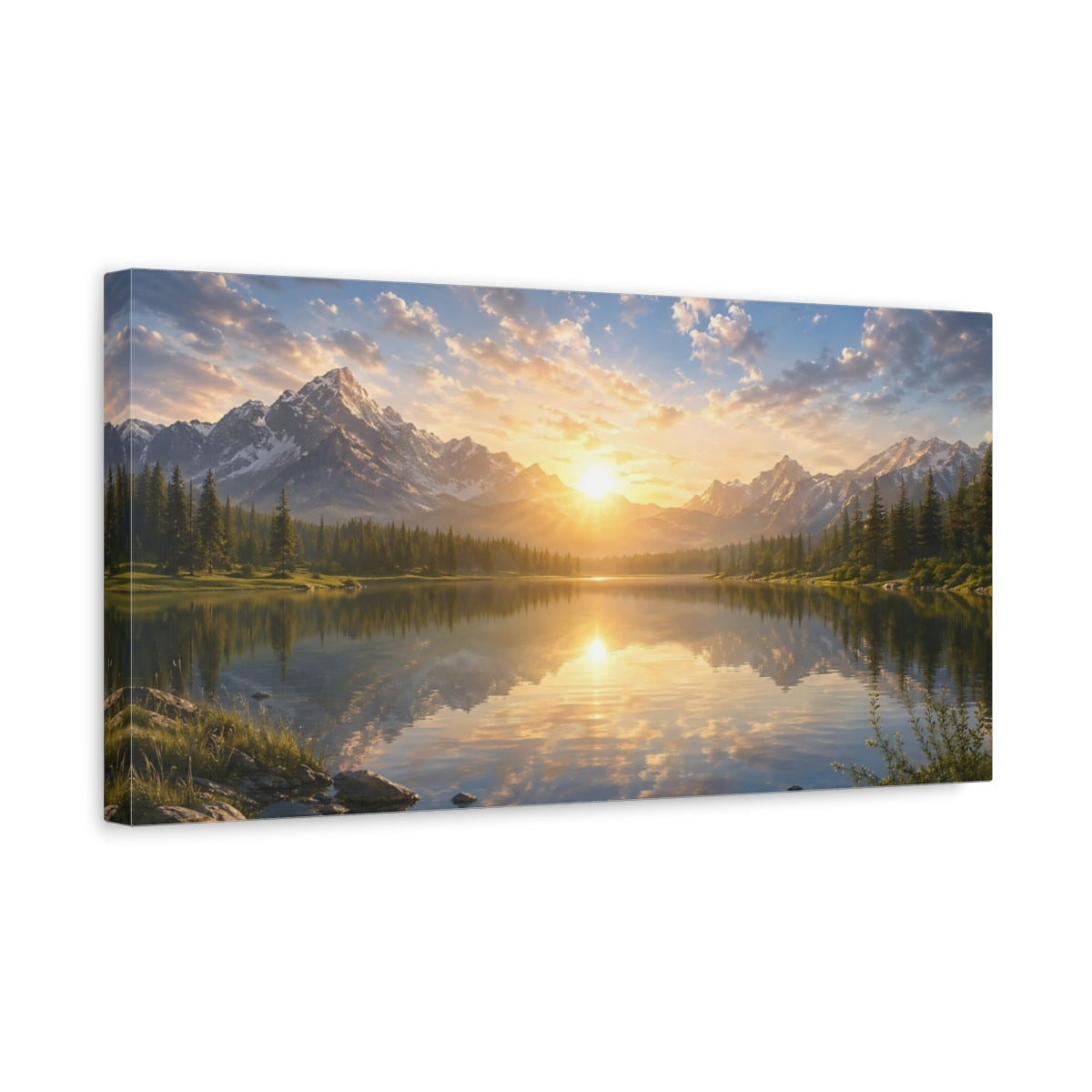 Side Mockup 3. Nature Mountain Lake Sunset Lake Mountain shown as stretched canvas wall art