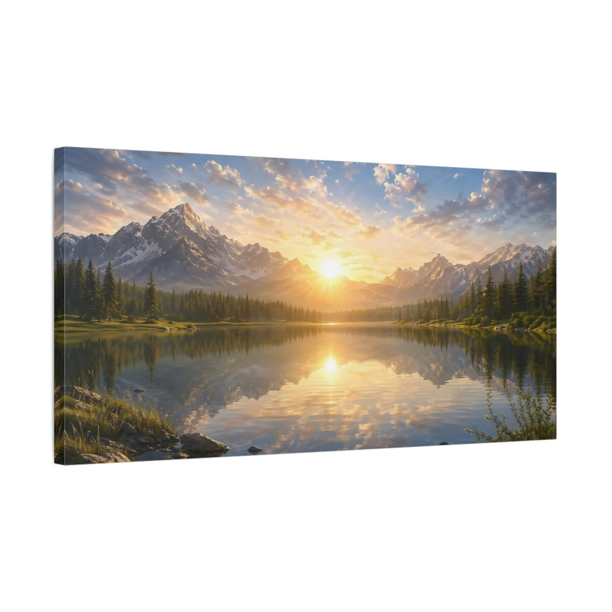 Side Mockup 1. Nature Mountain Lake Sunset Lake Mountain shown as stretched canvas wall art