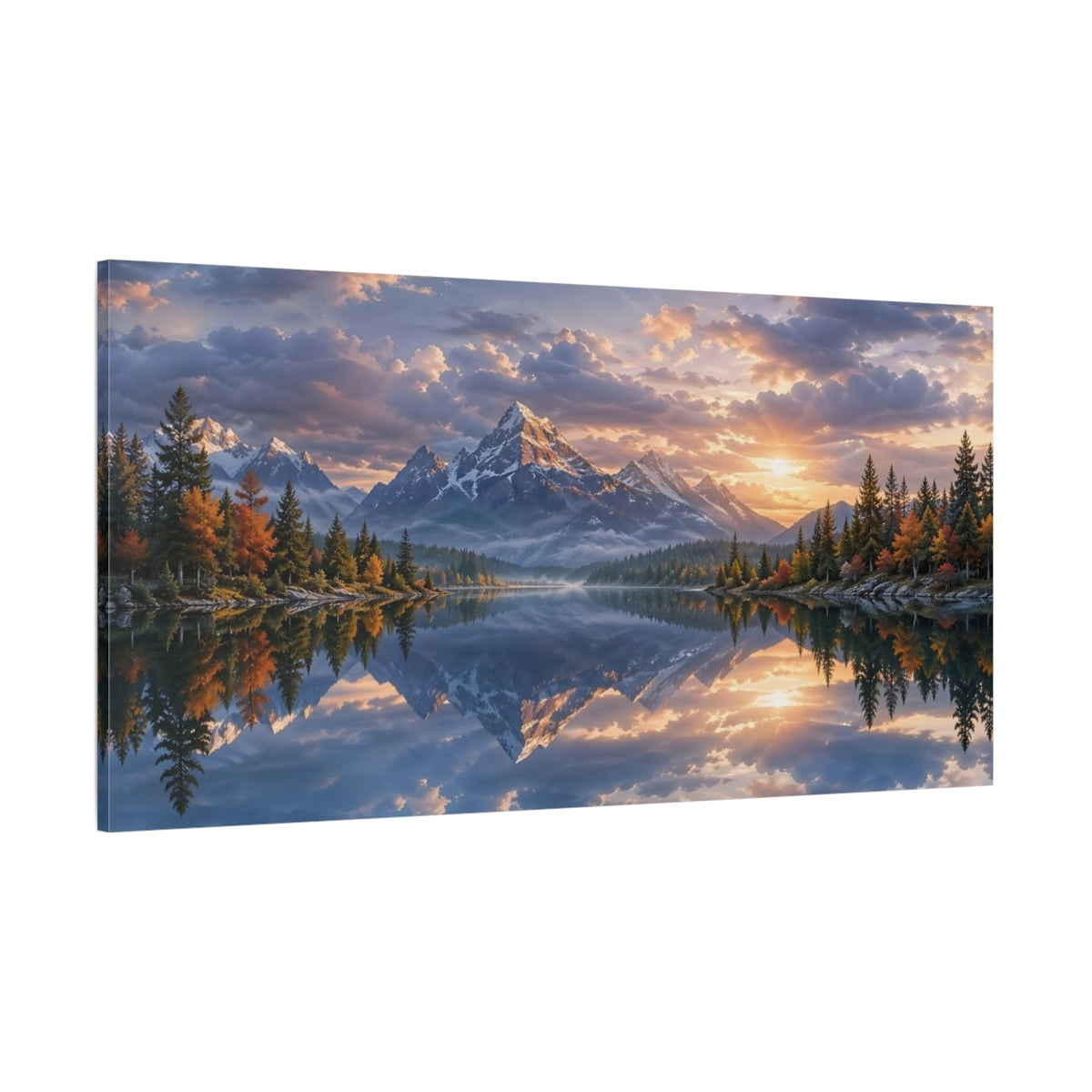 Side Mockup 2. Nature Mountain Lake Mountain Lake Sunset shown as stretched canvas wall art