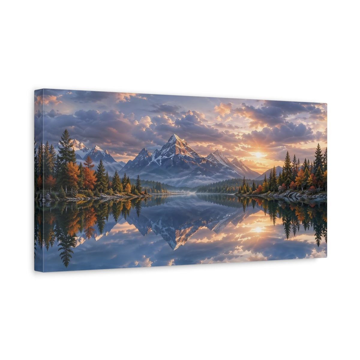 Side Mockup 3. Nature Mountain Lake Mountain Lake Sunset shown as stretched canvas wall art
