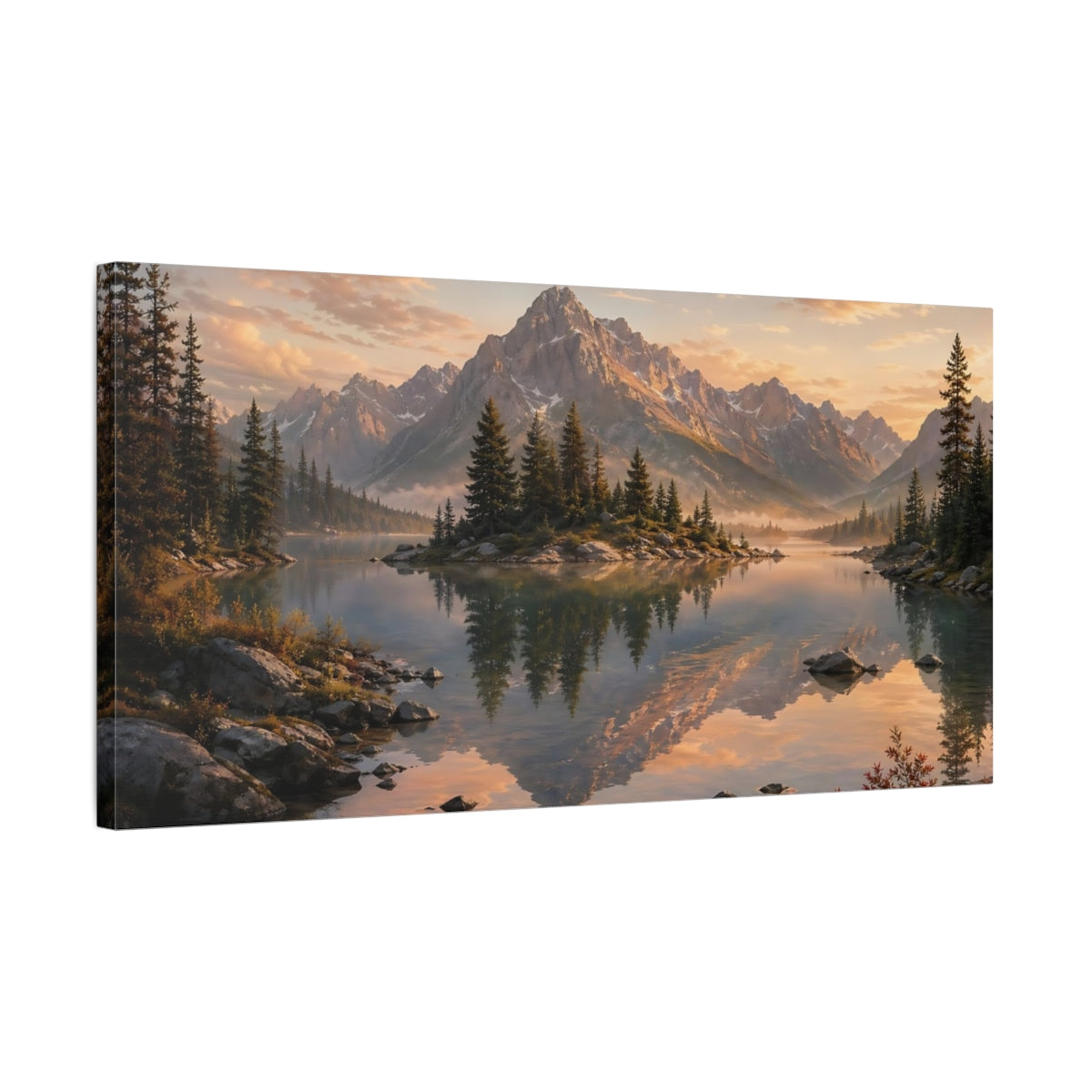 Side Mockup 1. Nature Mountain Lake Mountain Lake Sunset shown as stretched canvas wall art