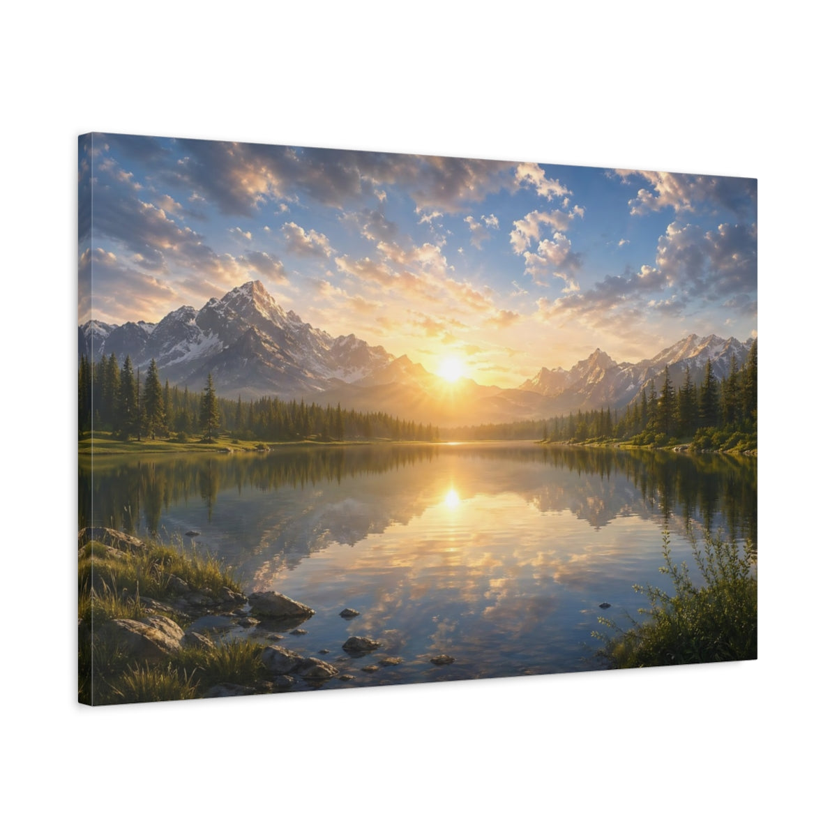 Side Mockup 2. Nature Mountain Lake Mountain Lake Sunset shown as stretched canvas wall art
