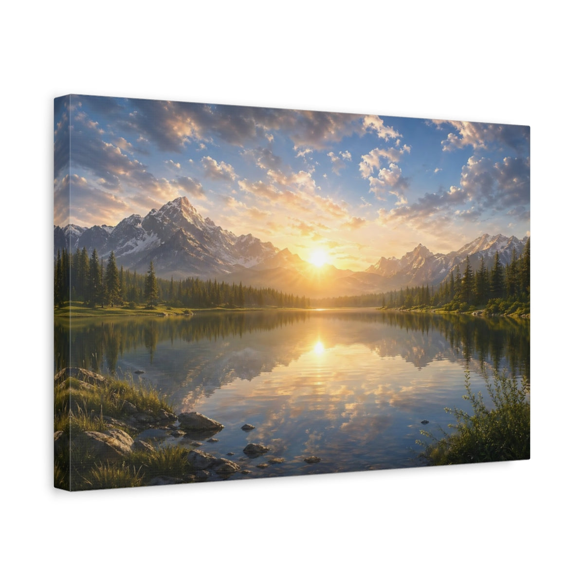 Side Mockup 4. Nature Mountain Lake Mountain Lake Sunset shown as stretched canvas wall art